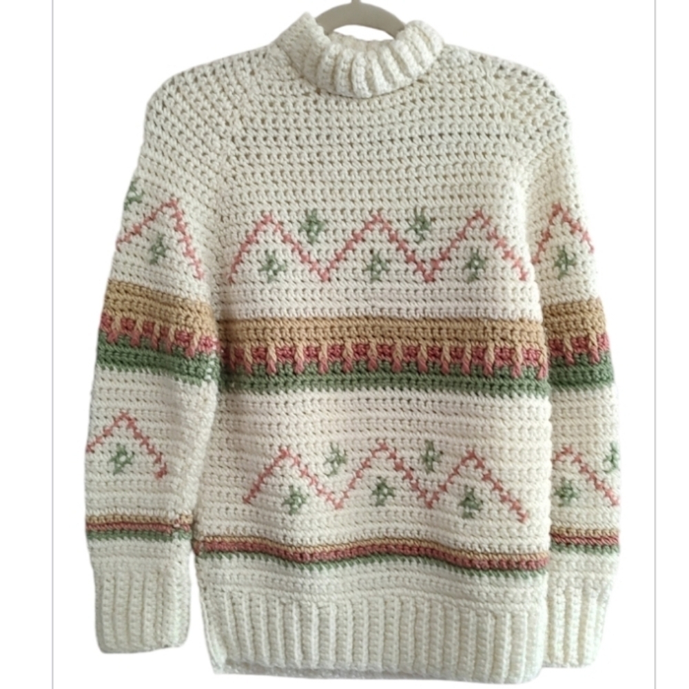 Tricout Fait Main Knit Patterned Sweater - Cream, Green, Pink